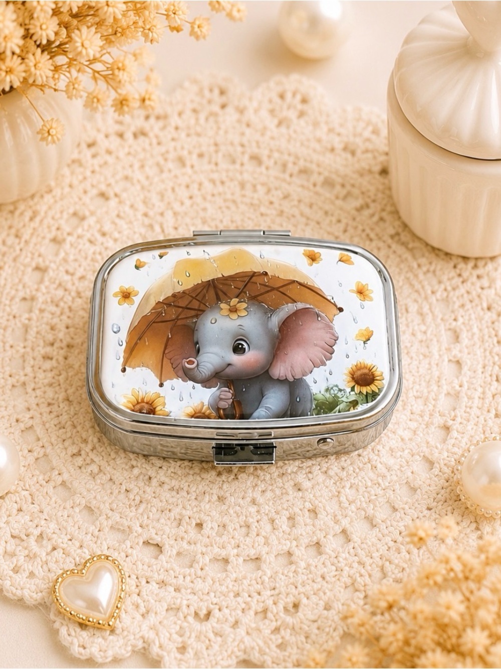Baby Elephant Compact Mirror Pill Box/Travel Jewelry Box For Your Purse